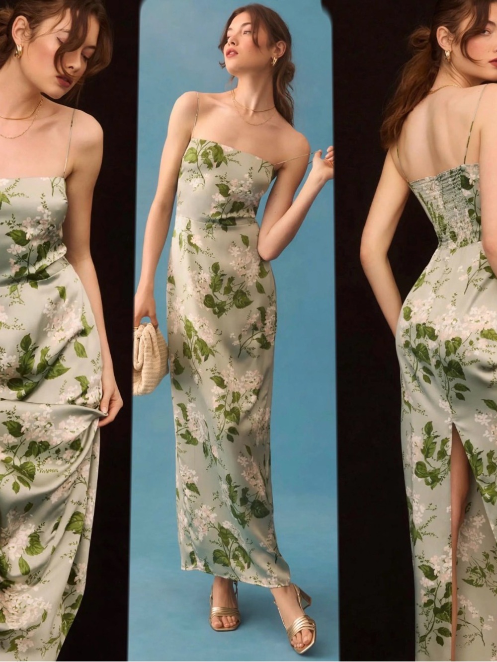 Reformation Frankie Silk Maxi Dress Green Floral Slip Maxi Dress Sz 6.